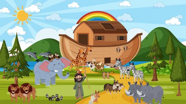 Noah's Ark with wild animals in nature scene