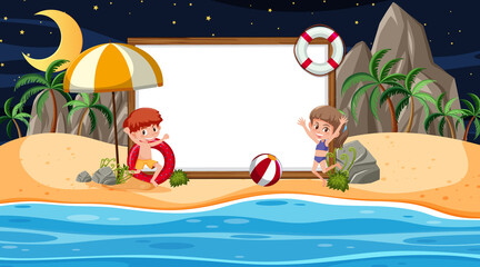Kids on vacation at the beach night scene with an empty banner template.