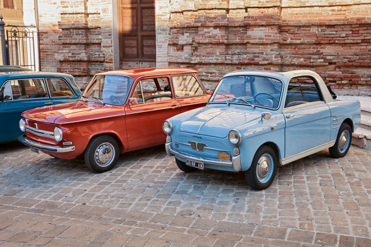 Vintage cars NSU Prinz 4L (1972) and Autobianchi Bianchina Trasformabile (car based on Fiat 500 - 1959) in classic car meeting in Jesi, AN, Italy - September 29,2019
