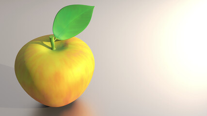 Yellow apple with leaf. 3D rendering with hand painted texture. With copy space. 