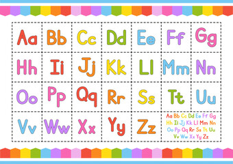 English alphabet. Vector set. Bright color style. Cartoon ABC. Funny hand drawn font. Lowercase and uppercase letters