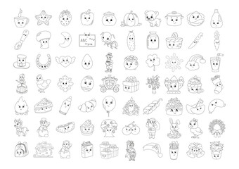 Obraz na płótnie Canvas Coloring book for kids. Cheerful characters. Vector illustration. Cute cartoon style. Black contour silhouette. Isolated on white background. Christmas, summer, animals, vegetables, food, easter.