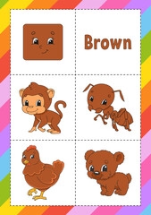 Learning colors. Flashcard for kids. Cute cartoon characters. Picture set for preschoolers. Education worksheet. Vector illustration.