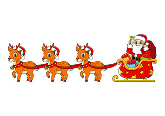 Deer with Christmas sleigh. Cartoon character. Colorful vector illustration. Isolated on white background. Design element. Template for your design, books, stickers, cards.