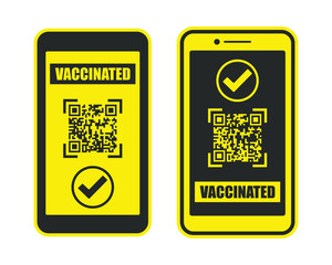 Vaccinated health passport smartphone screen icon. Vaccine corona passport icon  logo symbol sign. Vector illustration image. Isolated on white background.