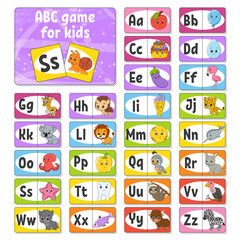 Fototapeta premium Set ABC flash cards. Alphabet for kids. Learning letters. Education developing worksheet. Activity page for study English. Color game for children. Funny character. Vector illustration. Coon style.