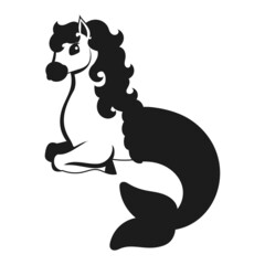 Cute mermaid horse. Black silhouette. Design element. Vector illustration isolated on white background. Template for books, stickers, posters, cards, clothes.