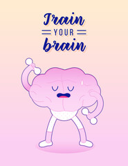Train Your Brain. Training Brain Activity, Dumbbells Exercise on Light Background. Modern Flat Vector Illustration. Lettering Composition. Social Media Template. 
