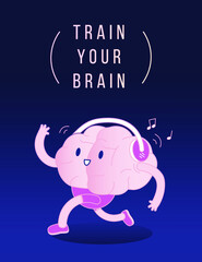 Card Train Your Brain. Brain Run and Listen to the Music in Headphones on Dark Background. Modern Flat Vector Illustration. Train Your Brain. Social Media Template.