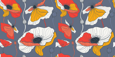 Summer white and red poppy flowers for seamless pattern