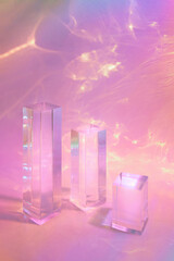 Abstract surreal scene - empty stage with three clear glass rectangle prism podiums on pastel neon...