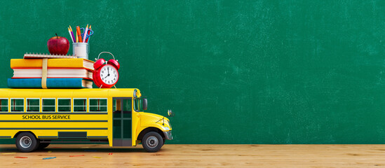 School bus arriving with school accessories and books. Ready for school concept background 3D...
