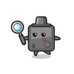 safe box cartoon character searching with a magnifying glass