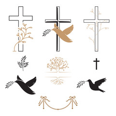 Funeral icons. Cross, dove, flower, bird. Mourning wishes, condolence. Vector illustration isolated on white background, EPS 10 - 448045333