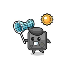 safe box mascot illustration is catching butterfly