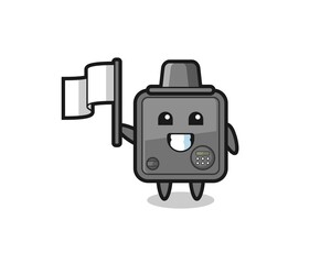 Cartoon character of safe box holding a flag