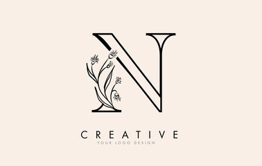 Black Outline N letter logo design with black flowers vector illustration.