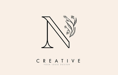 Black Outline N letter logo design with black flowers vector illustration.