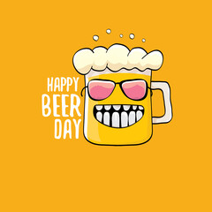 International beer day vector concept illustration or summer poster with vector funky beer character on orange background. Cartoon funny International beer day label