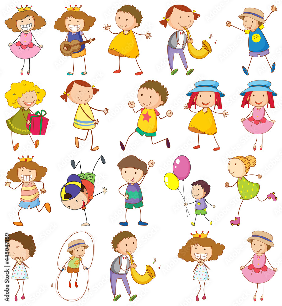 Wall mural set of different kids in doodle style