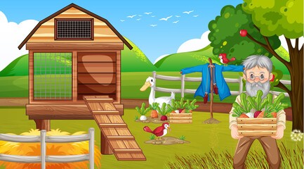 Obraz na płótnie Canvas Farm scene with old farmer man and farm animals