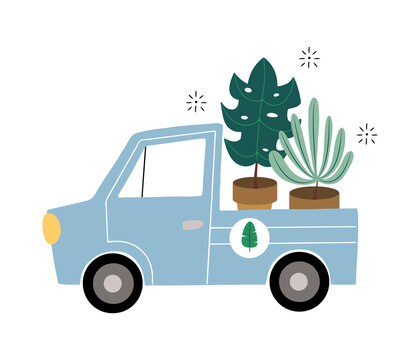 blue truck carrying plants, cartoon style clip art preview