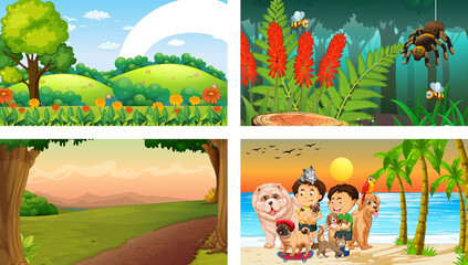 Obraz na płótnie Canvas Four different scenes with children cartoon character