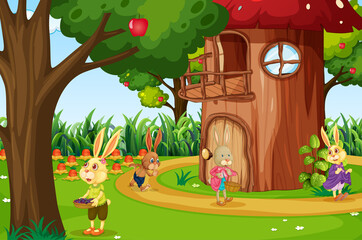 Obraz na płótnie Canvas Garden scene with many rabbits cartoon character
