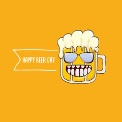International beer day vector concept illustration or summer poster with vector funky beer character on orange background. Cartoon funny International beer day label