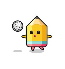 Character cartoon of pencil is playing volleyball