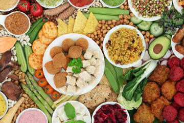 Vegan super food for a plant based healthy diet high in antioxidants, protein, omega 3, dietary fibre, anthocyanins, smart carbs, vitamins and minerals. Ethical eating healthy planet concept. 