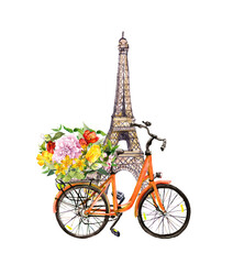 Fototapeta na wymiar Bicycle with flowers in basket, Eiffel tower in Paris, France. Watercolor
