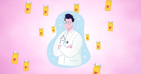 Composition of doctor icon over vaccine vial icons on pink background