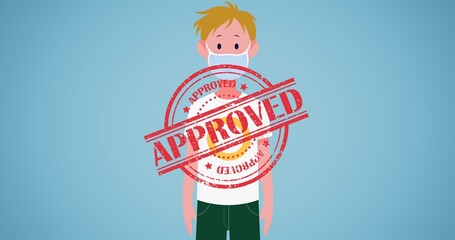 Composition of approved text over boy wearing mask icon on blue background