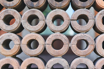 Wall made of unusual round stones. Part of  historic pump house called 'Trinkhalle' in Germany