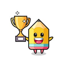 Cartoon Illustration of pencil is happy holding up the golden trophy