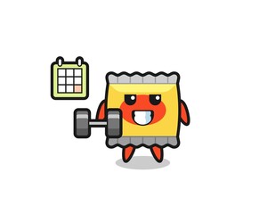 snack mascot cartoon doing fitness with dumbbell