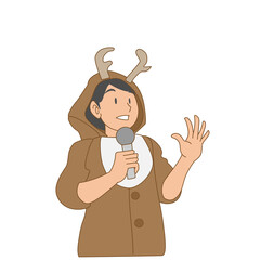 トナカイの仮装でマイクパフォーマンスをする女性のイラスト