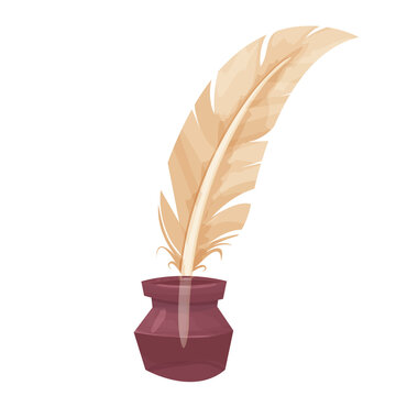 recommend clip art: Bird feather, ancient quill with inkwell in cartoon style isolated on white background. Writing tool, equipment. Decoration element.