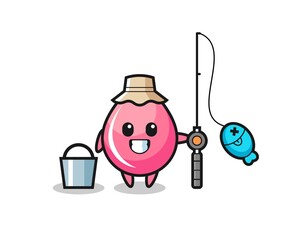 Mascot character of strawberry juice drop as a fisherman