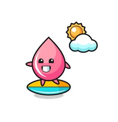 Illustration of strawberry juice drop cartoon do surfing on the beach