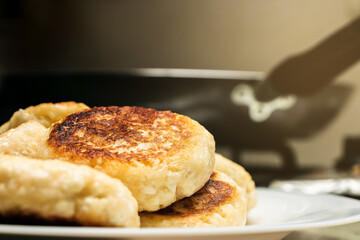 Fried cheesecakes in a plate in close-up on a dark background