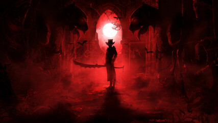 A sinister warrior in a hat and jacket with a huge serrated sword stands in a Gothic ruin in the blood-red mist of a moonlit night, flanked by ugly gargoyles, his eyes glow ominously in the dark. 2d © warmtail