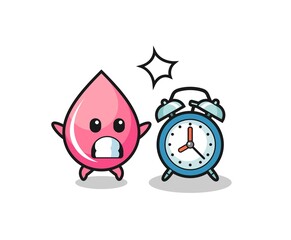 Cartoon Illustration of strawberry juice drop is surprised with a giant alarm clock