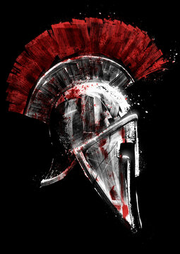 A beautiful Greek painted shiny helmet of an experienced Spartan, it is chipped with scratches and dents, it is filled with spots of fresh red blood painted with textural brushes in white on black 2d