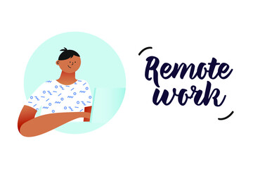Happy Man at Work in Circle Shape. Modern Flat Vector Illustration. Laptop. Remote Work. Social Media Template.