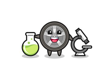 Mascot character of car wheel as a scientist