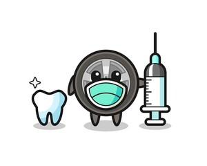 Mascot character of car wheel as a dentist