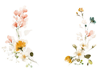 Naklejka premium Watercolor invitation design with pink, yellow garden flowers, leaves. frame, background with herbs. botanic Template - wreath