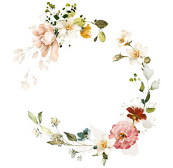 Watercolor invitation design with pink, yellow garden flowers, leaves. frame, background with herbs. botanic Template - wreath